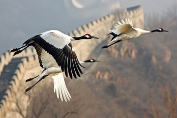 Obraz premium Wings Over Wall: In a Symbolic Flight, Red-crowned Cranes Soar Near the Magnificent Great Wall of China, Unveiling a Tranquil and Graceful Harmony of Nature and Architecture.