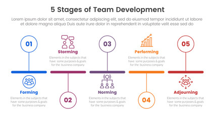 5 stages team development model framework infographic 5 point stage template with timeline horizontal outline circle up and down for slide presentation