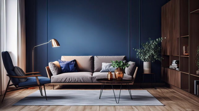 Interior of living room with comfortable sofa, floor lamp and table with flowers near blue wall
