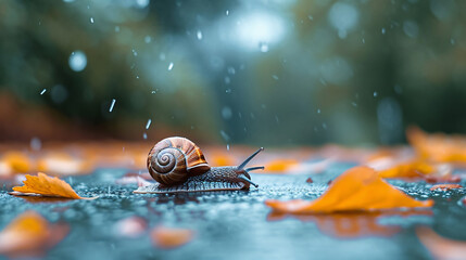 Snails on asphalt during rain. - obrazy, fototapety, plakaty