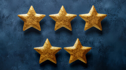 Fototapeta na wymiar Golden Star Shapes on a Textured Blue Background.