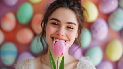 A cheerful woman wearing a brilliant smile holds a solitary tulip against a background of vibrant Easter eggs - obrazy, fototapety, plakaty