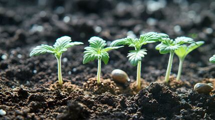 Closeup 1 week old Cannabis plant in soil - obrazy, fototapety, plakaty