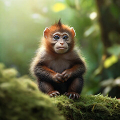 Junger Affe sitzt Fragend auf einem Ast im Dschungel