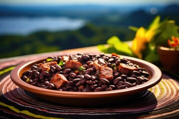 Savoring Brazil: A Plate of Traditional Brazilian Feijoada Takes Center Stage, with the Iconic Copacabana Beach in Rio de Janeiro Providing a Picturesque Backdrop.  