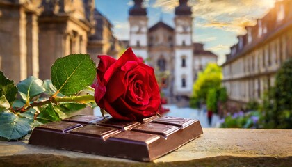 romantic setting with a chocolate bar, a red rose, and a historic building in the background - obrazy, fototapety, plakaty
