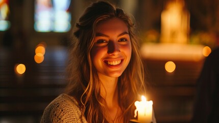 A smiling woman standing in front of a church, holding a lit Easter candle during a sunrise service
