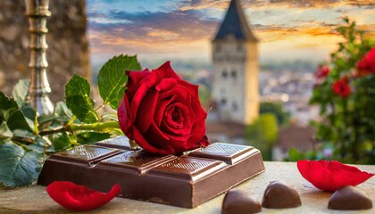 romantic setting with a chocolate bar, a red rose, and a historic building in the background