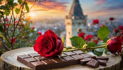romantic setting with a chocolate bar, a red rose, and a historic building in the background