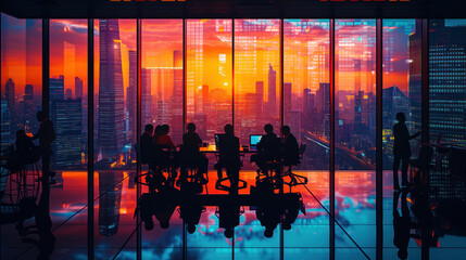 Team Collaboration in Office Overlooking City at Dusk