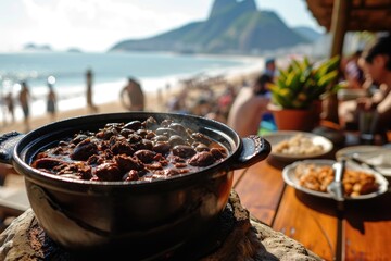 Savoring Brazil: A Plate of Traditional Brazilian Feijoada Takes Center Stage, with the Iconic Copacabana Beach in Rio de Janeiro Providing a Picturesque Backdrop.  