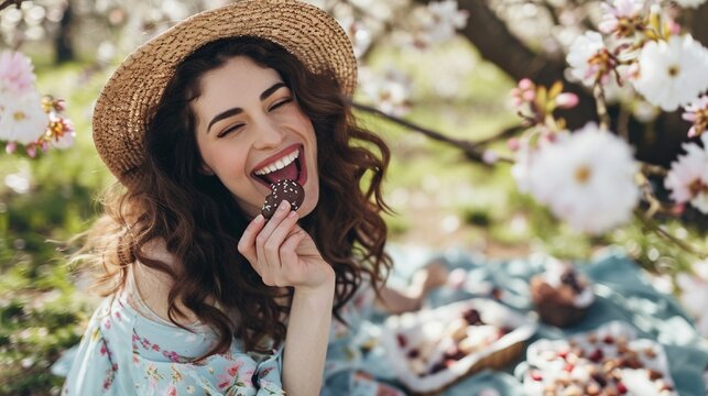 A woman grinning as she bites into a delectable chocolate bunny while having an Easter picnic in a blossoming garden