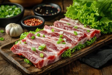 Fototapeta premium Korean BBQ Delight: Samgyeopsal, Thin Slices of Grilled Pork Belly, Sizzle on the Table, Accompanied by Garlic, Green Onions, Ssamjang, and Lettuce for Flavorful Wrapping.