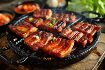 Fotobehang Korean BBQ Delight: Samgyeopsal, Thin Slices of Grilled Pork Belly, Sizzle on the Table, Accompanied by Garlic, Green Onions, Ssamjang, and Lettuce for Flavorful Wrapping.   © Mr. Bolota