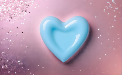 Obraz premium A small blue heart on a sparkling soft pink background. Generative AI
