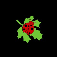 Fototapeta premium Ladybug sitting on green leaf flat color icon isolated on black background