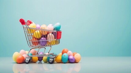 Easter shopping cart filled with painted Easter eggs on an empty blue background with a lot of free copy space - obrazy, fototapety, plakaty