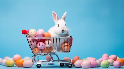 A white Easter bunny in shopping cart filled with painted Easter eggs on an empty blue background with a lot of free copy space