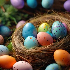 Obraz premium Vogelnest gefüllt mit bunten Ostereiern in unterschiedlichen Farben wie blau, gelb, rot, orange, pink