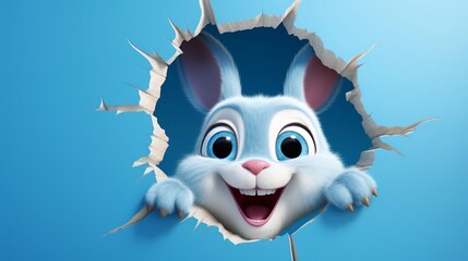 Fototapeta premium Easter bunny peeps out round hole in the blue wall. 3d rendering. Card with a copy of the place for the text