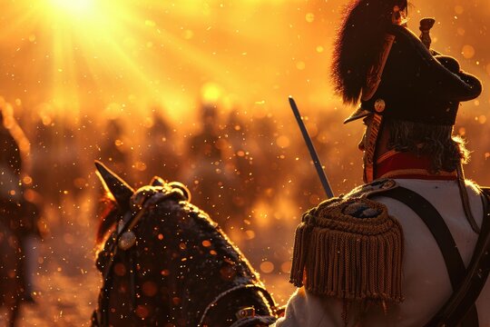 The Napoleonic Clash: French and Prussian Forces Engage in Historic Warfare with Gallant Cavalry - A Glimpse into the Epic Battle of Two Mighty Armies.	