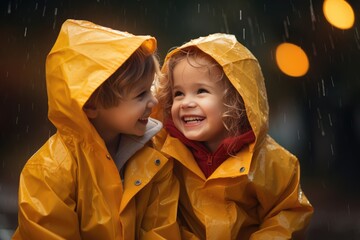 A group of  happy children are seen playing in nature, wearing rain boots and waterproof clothing, jumping and splashing in the muddy ground | Exploring Nature with Galoshes and Raincoats - obrazy, fototapety, plakaty