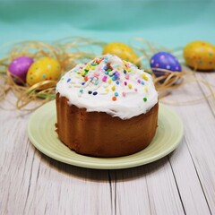 Fototapeta na wymiar Traditional homemade Easter cake, decorated with glaze and pastry sprinkles on plate on a white table with quail eggs. Card with a copy of the place for the text
