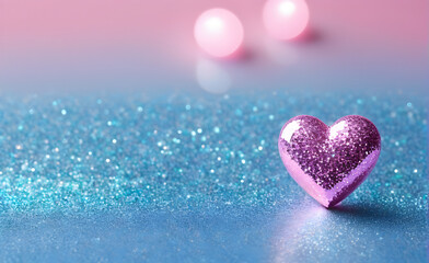 Obraz premium A small blue heart on a sparkling soft pink background. Generative AI