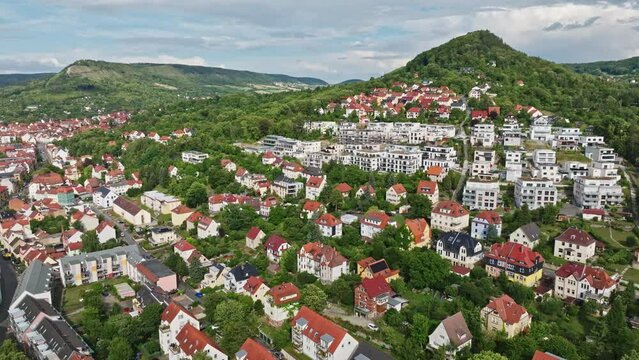 Aerial drone view of residential buildings on the mountain , Wenigenjena district in Jena, Thuringia, Germany