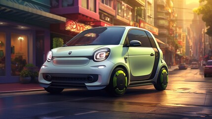 Small electric micro car. Due to the super compact size of the cars, Easily be parked in the big city. Modern eco-friendly urban transport. Tiny and funny modern eco transport