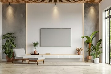 Mockup a TV wall mounted with armchair in living room with a white wall.3d rendering. generative ai.