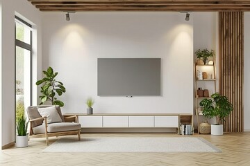 Mockup a TV wall mounted with armchair in living room with a white wall.3d rendering. generative ai.