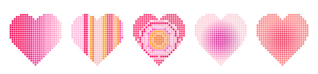 Pixelated vector heart shapes, cute pink and red square pixel hearts, love symbol backgrounds for Valentine's Day, Mother's Day, medicine and technology backgrounds, game elements - 714136881