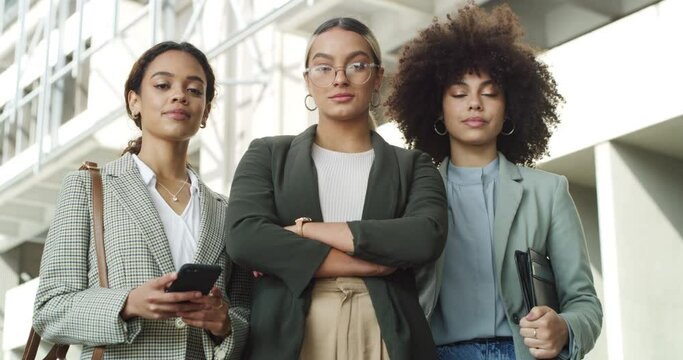 Urban, portrait and group of business women with arms crossed, diversity and teamwork. Office building, confidence and girl power, work friends with support and professional startup career in city