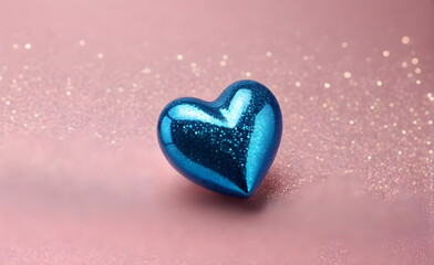 Obraz premium A small blue heart on a sparkling soft pink background. Generative AI