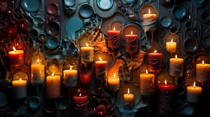 A top-down view of a group of melting candles, with wax melting and merging to create a mesmerizing tableau.