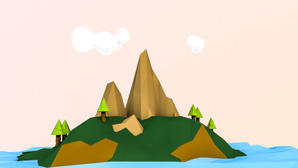 3D rendering of stylized low poly cartoon island environment with soft and serene sky and clouds during sunset