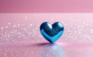 Obraz premium A small blue heart on a sparkling soft pink background. Generative AI