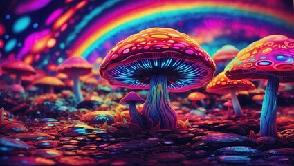 3d illustration of fantasy mushroom with rainbow effect in the background. - obrazy, fototapety, plakaty