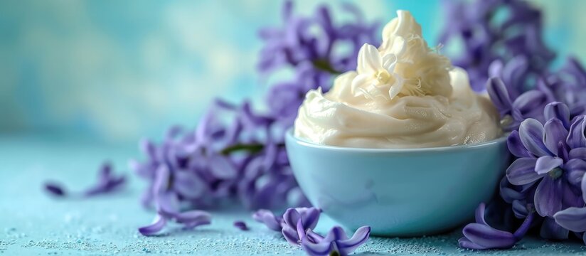 Natural beauty treatment using scented oil and hyacinth flowers in cosmetic cream.
