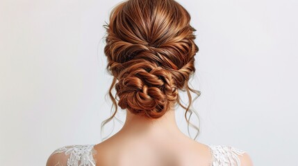 Hairstyle inspiration for brides on their wedding day. Bride showing elegant hairstyle on neutral background. Wedding hairstyle beauty. - obrazy, fototapety, plakaty
