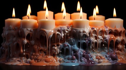 A top-down view of a group of melting candles, with wax melting and merging to create a mesmerizing tableau