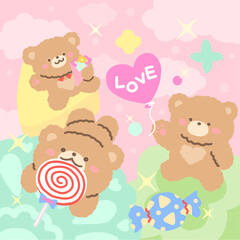 White Day, Valentine's Day illustration with cute bears and candy