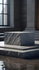 Pedestal, display made of gray stone for the presentation of products on a water background.