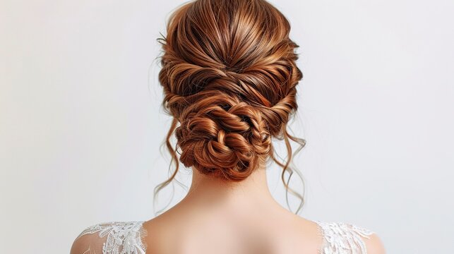 Hairstyle inspiration for brides on their wedding day. Bride showing elegant hairstyle on neutral background. Wedding hairstyle beauty.
