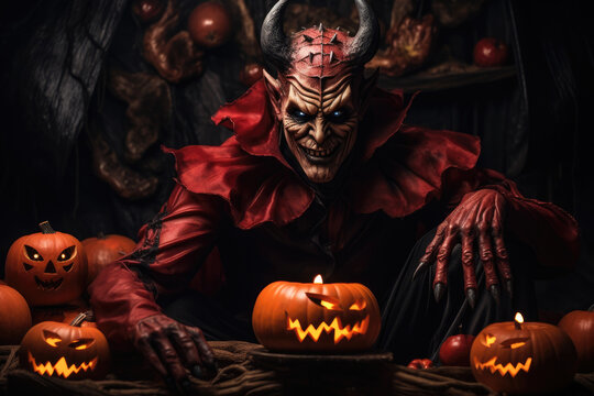 Devil looking costume and mask celebrating with jack o lantern