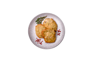 Delicious juicy fried chicken or pork pancakes with salt, spices and herbs