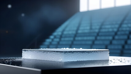 Ice platform, display for product presentation with water drops.