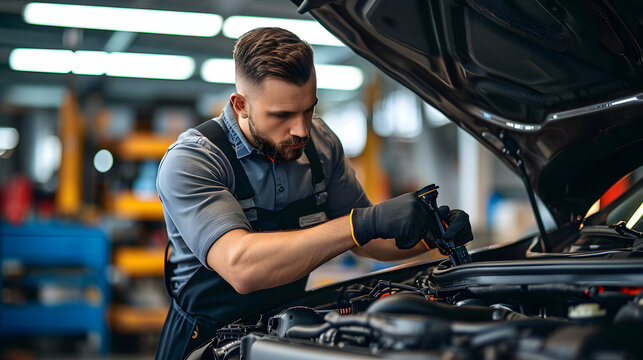 Attractive confident male auto mechanic working in Car Service