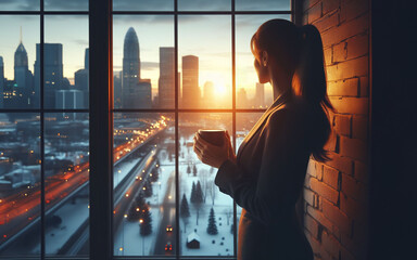 Business woman holding a coffee cup standing looking out the window View of tall buildings in the modern capital - obrazy, fototapety, plakaty